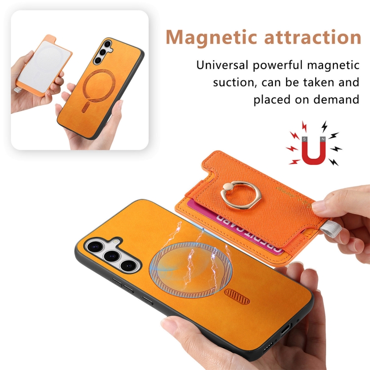 For Samsung Galaxy S25 5G Retro Cross Leather Ring Horizontal Insert Card Bag MagSafe Phone Case(Yellow) For Samsung Galaxy S25 5G Retro Cross Leather Ring Horizontal Insert Card Bag MagSafe Phone Case(Yellow)