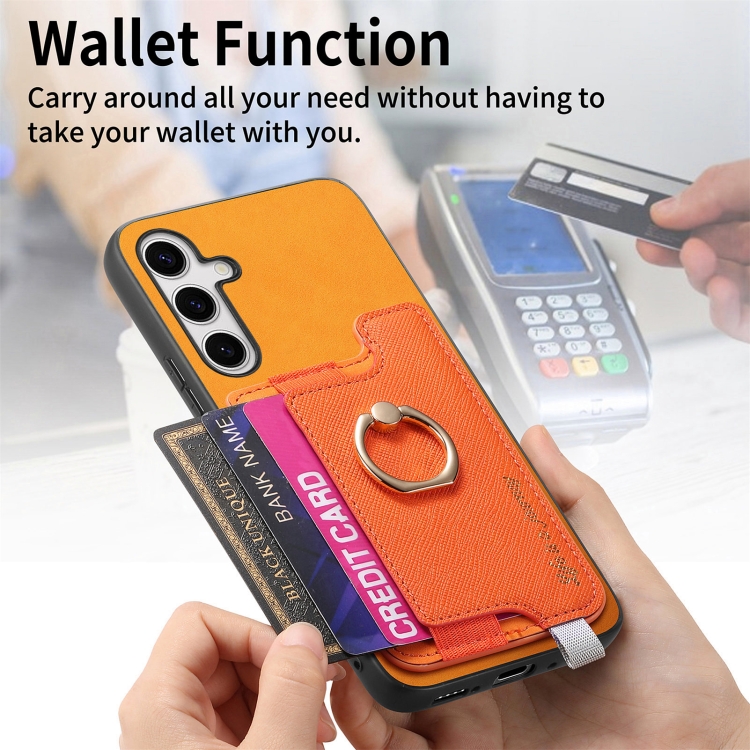 For Samsung Galaxy S25 5G Retro Cross Leather Ring Horizontal Insert Card Bag MagSafe Phone Case(Yellow) For Samsung Galaxy S25 5G Retro Cross Leather Ring Horizontal Insert Card Bag MagSafe Phone Case(Yellow)
