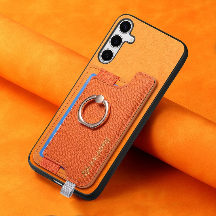 For Samsung Galaxy S25 5G Retro Cross Leather Ring Horizontal Insert Card Bag MagSafe Phone Case(Yellow) For Samsung Galaxy S25 5G Retro Cross Leather Ring Horizontal Insert Card Bag MagSafe Phone Case(Yellow)