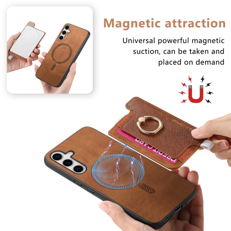 For Samsung Galaxy S25+ 5G Retro Cross Leather Ring Horizontal Insert Card Bag MagSafe Phone Case(Brown) For Samsung Galaxy S25+ 5G Retro Cross Leather Ring Horizontal Insert Card Bag MagSafe Phone Case(Brown)