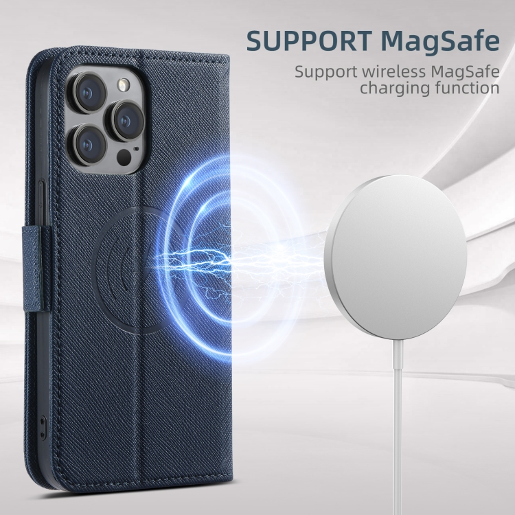For iPhone 14 Suteni J08 Multifunctional Cross Texture MagSafe Leather Phone Case(Blue) - 2