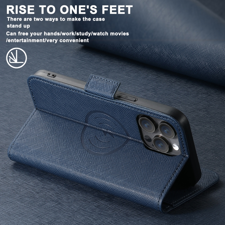 For iPhone 16 Pro Suteni J08 Multifunctional Cross Texture MagSafe Leather Phone Case(Blue) For iPhone 16 Pro Suteni J08 Multifunctional Cross Texture MagSafe Leather Phone Case(Blue)