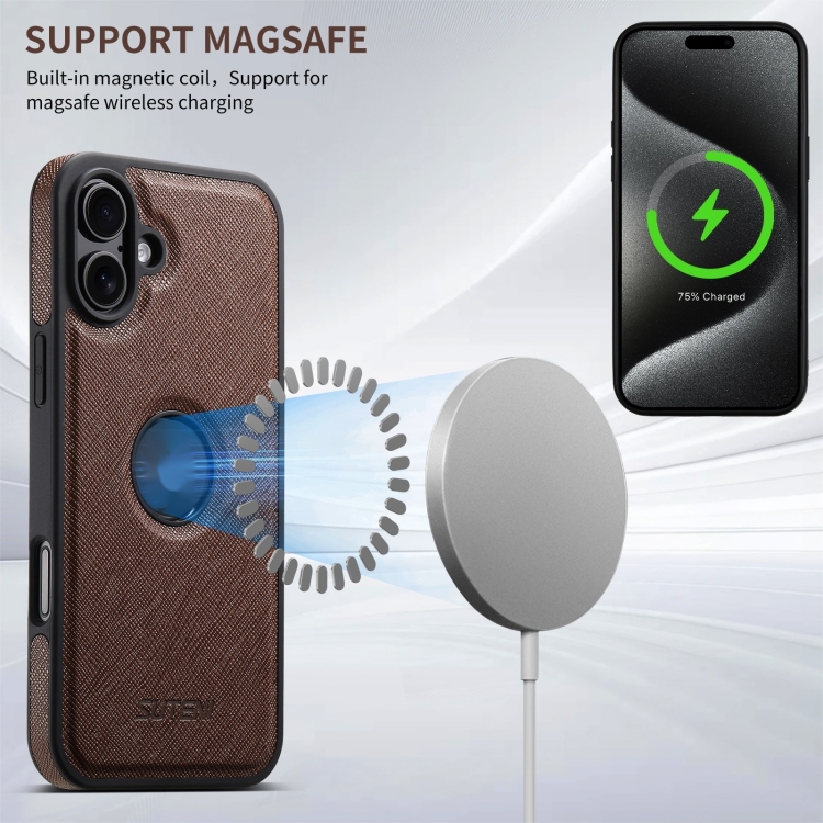 For iPhone 16 Plus Suteni G1 Cross Texture MagSafe Phone Case(Brown) For iPhone 16 Plus Suteni G1 Cross Texture MagSafe Phone Case(Brown)