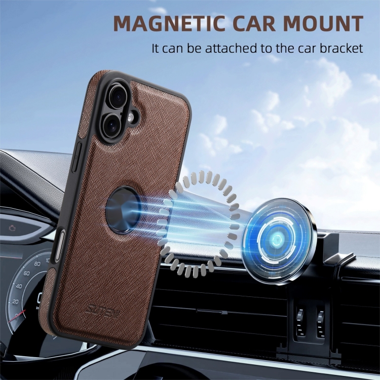 For iPhone 16 Plus Suteni G1 Cross Texture MagSafe Phone Case(Brown) For iPhone 16 Plus Suteni G1 Cross Texture MagSafe Phone Case(Brown)