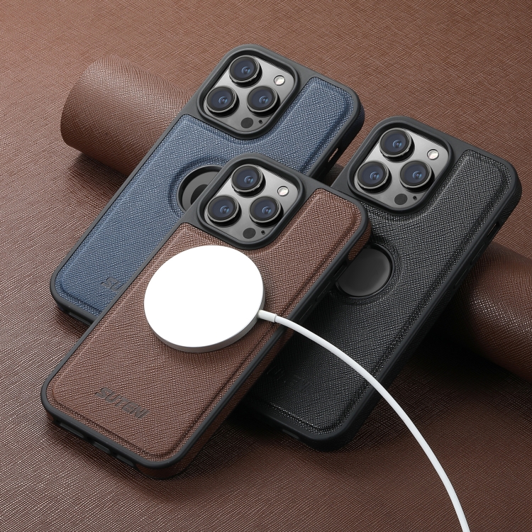For iPhone 16 Plus Suteni G1 Cross Texture MagSafe Phone Case(Brown) For iPhone 16 Plus Suteni G1 Cross Texture MagSafe Phone Case(Brown)