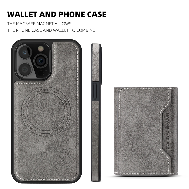 For iPhone 14 Plus Shield Multi-functional MagSafe Card Bag Phone Case(Grey)