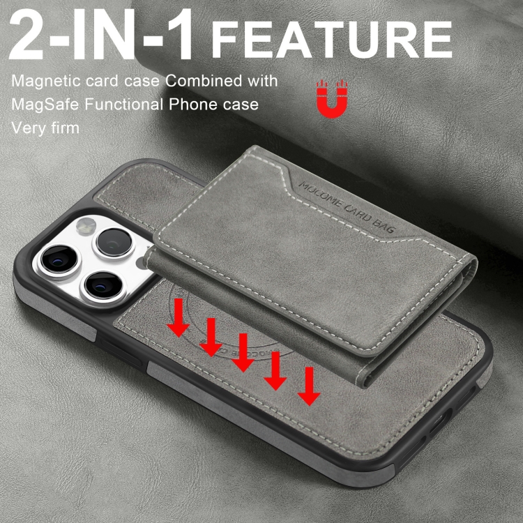 For iPhone 14 Plus Shield Multi-functional MagSafe Card Bag Phone Case(Grey)