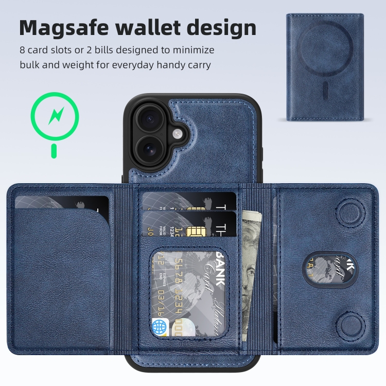 For iPhone 16 Shield Multi-functional MagSafe Card Bag Phone Case(Blue) For iPhone 16 Shield Multi-functional MagSafe Card Bag Phone Case(Blue)