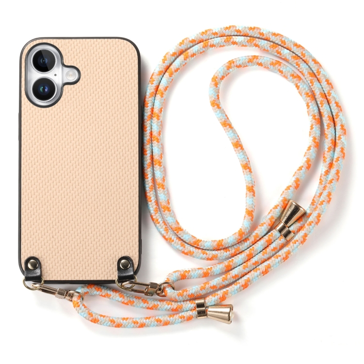 For iPhone 16 Plus Carbon Fiber Texture Leather Back Phone Case with Crossbody Strap(Khaki) For iPhone 16 Plus Carbon Fiber Texture Leather Back Phone Case with Crossbody Strap(Khaki)