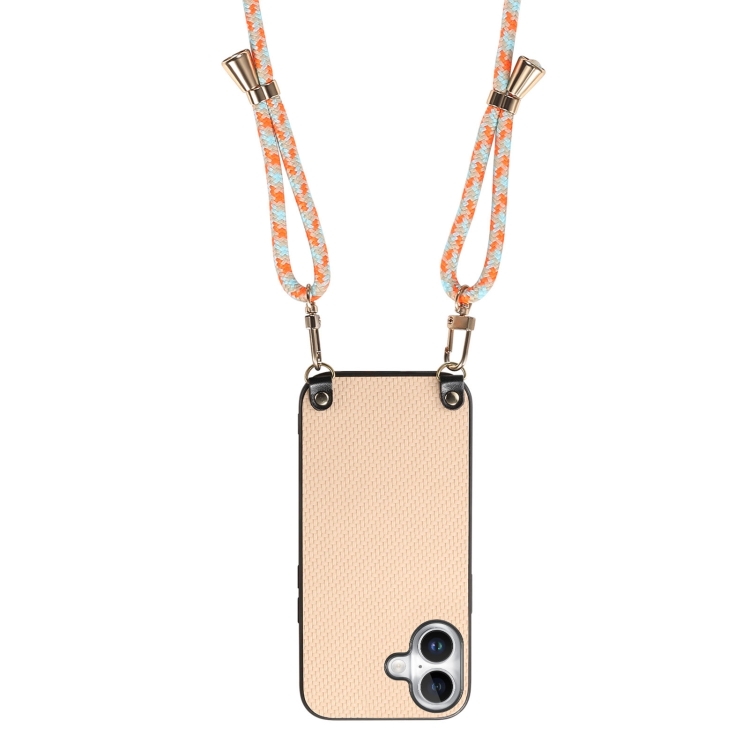 For iPhone 16 Plus Carbon Fiber Texture Leather Back Phone Case with Crossbody Strap(Khaki) For iPhone 16 Plus Carbon Fiber Texture Leather Back Phone Case with Crossbody Strap(Khaki)