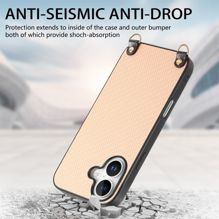 For iPhone 16 Plus Carbon Fiber Texture Leather Back Phone Case with Crossbody Strap(Khaki) For iPhone 16 Plus Carbon Fiber Texture Leather Back Phone Case with Crossbody Strap(Khaki)