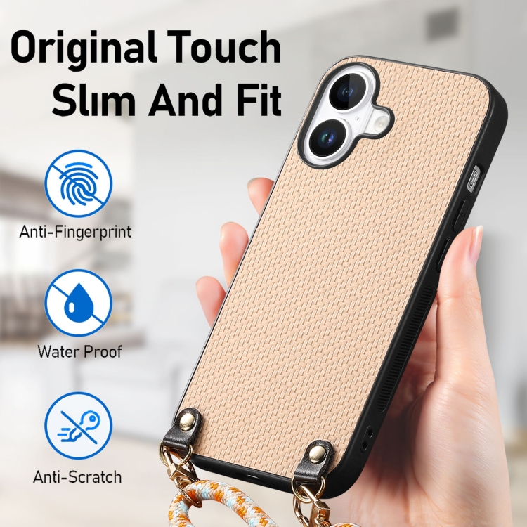 For iPhone 16 Plus Carbon Fiber Texture Leather Back Phone Case with Crossbody Strap(Khaki) For iPhone 16 Plus Carbon Fiber Texture Leather Back Phone Case with Crossbody Strap(Khaki)