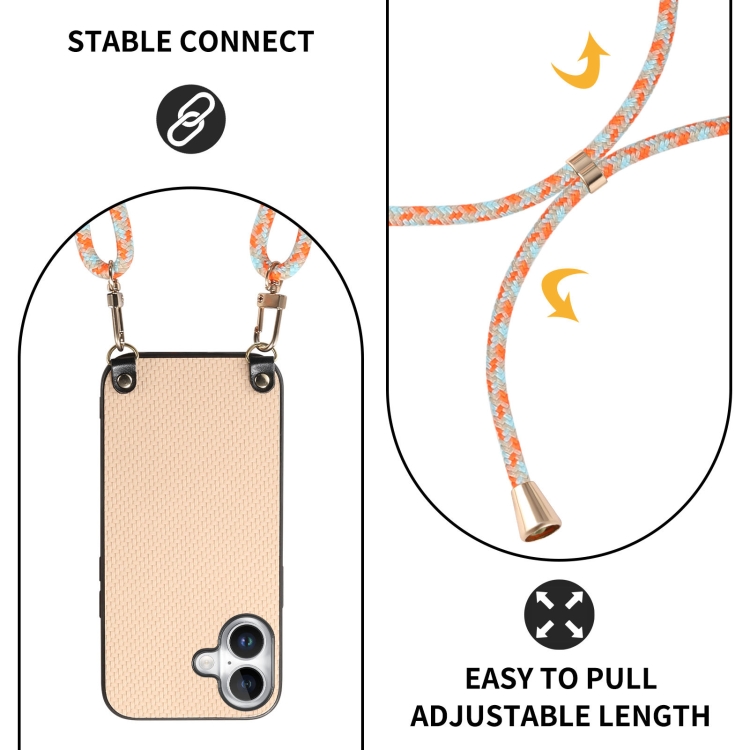For iPhone 16 Plus Carbon Fiber Texture Leather Back Phone Case with Crossbody Strap(Khaki) For iPhone 16 Plus Carbon Fiber Texture Leather Back Phone Case with Crossbody Strap(Khaki)
