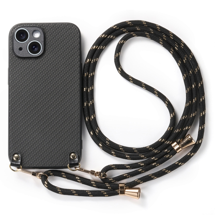 For iPhone 13 mini Carbon Fiber Texture Leather Back Phone Case with Crossbody Strap(Black) For iPhone 13 mini Carbon Fiber Texture Leather Back Phone Case with Crossbody Strap(Black)