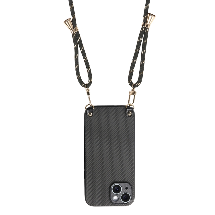 For iPhone 13 mini Carbon Fiber Texture Leather Back Phone Case with Crossbody Strap(Black) For iPhone 13 mini Carbon Fiber Texture Leather Back Phone Case with Crossbody Strap(Black)