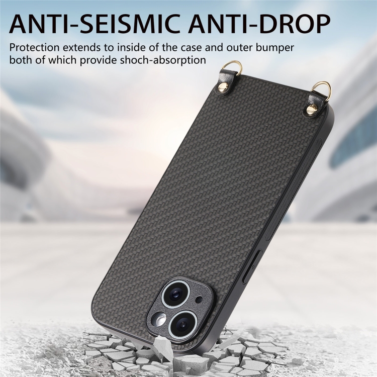 For iPhone 13 mini Carbon Fiber Texture Leather Back Phone Case with Crossbody Strap(Black) For iPhone 13 mini Carbon Fiber Texture Leather Back Phone Case with Crossbody Strap(Black)