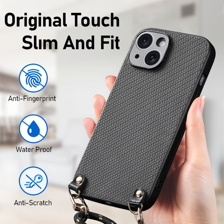 For iPhone 13 mini Carbon Fiber Texture Leather Back Phone Case with Crossbody Strap(Black) For iPhone 13 mini Carbon Fiber Texture Leather Back Phone Case with Crossbody Strap(Black)