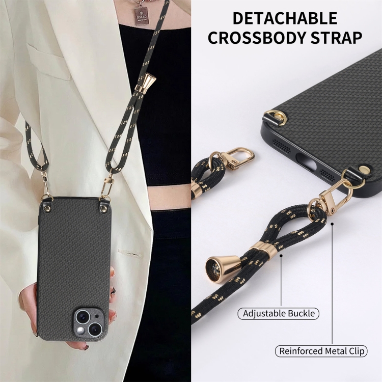 For iPhone 13 mini Carbon Fiber Texture Leather Back Phone Case with Crossbody Strap(Black) For iPhone 13 mini Carbon Fiber Texture Leather Back Phone Case with Crossbody Strap(Black)