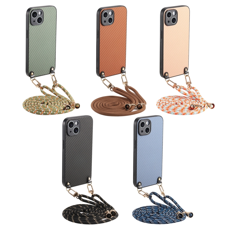 For iPhone 16 Plus Carbon Fiber Texture Leather Back Phone Case with Crossbody Strap(Khaki) For iPhone 16 Plus Carbon Fiber Texture Leather Back Phone Case with Crossbody Strap(Khaki)