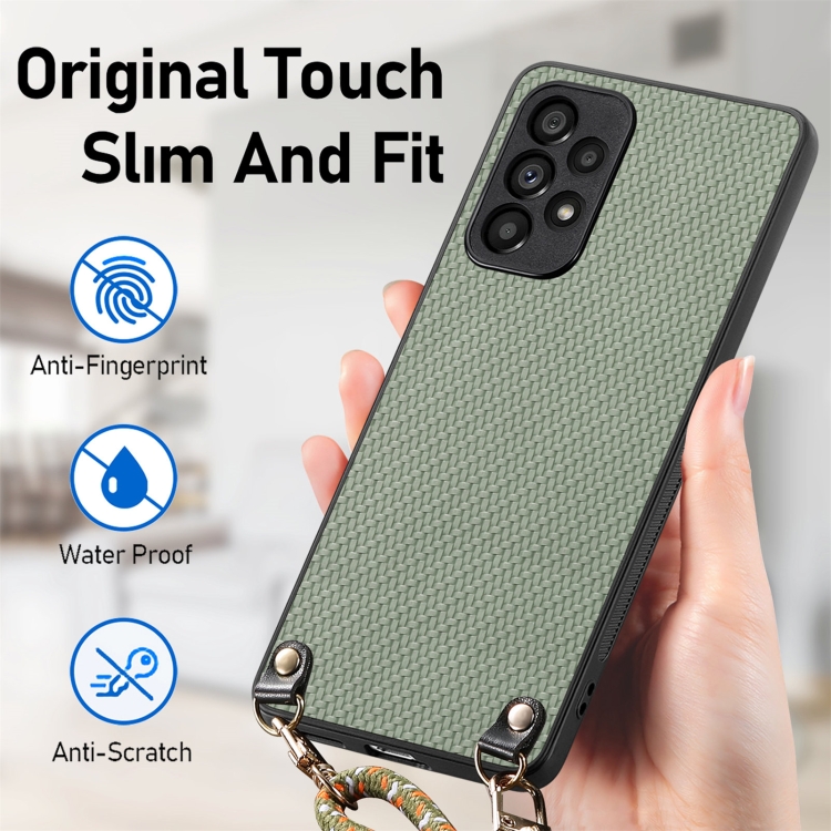 For Samsung Galaxy S24 Ultra 5G Carbon Fiber Texture Leather Back Cover Phone Case with Crossbody Strap(Green)