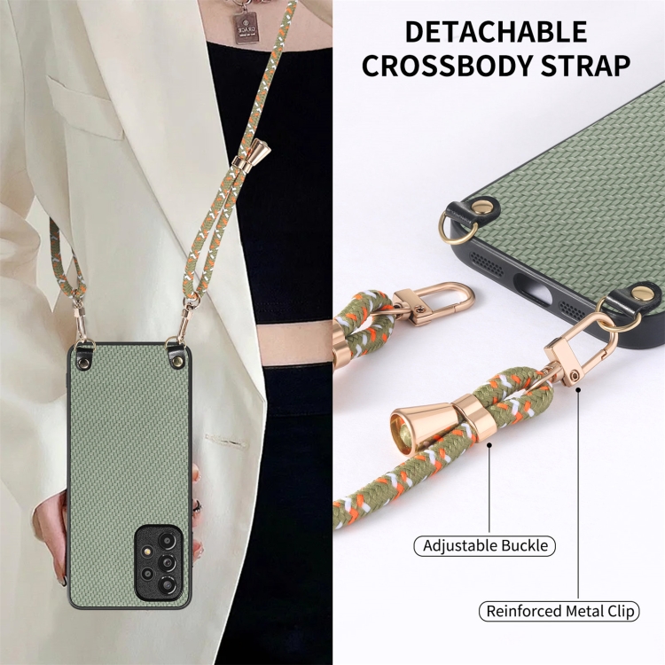 For Samsung Galaxy S24 Ultra 5G Carbon Fiber Texture Leather Back Cover Phone Case with Crossbody Strap(Green)