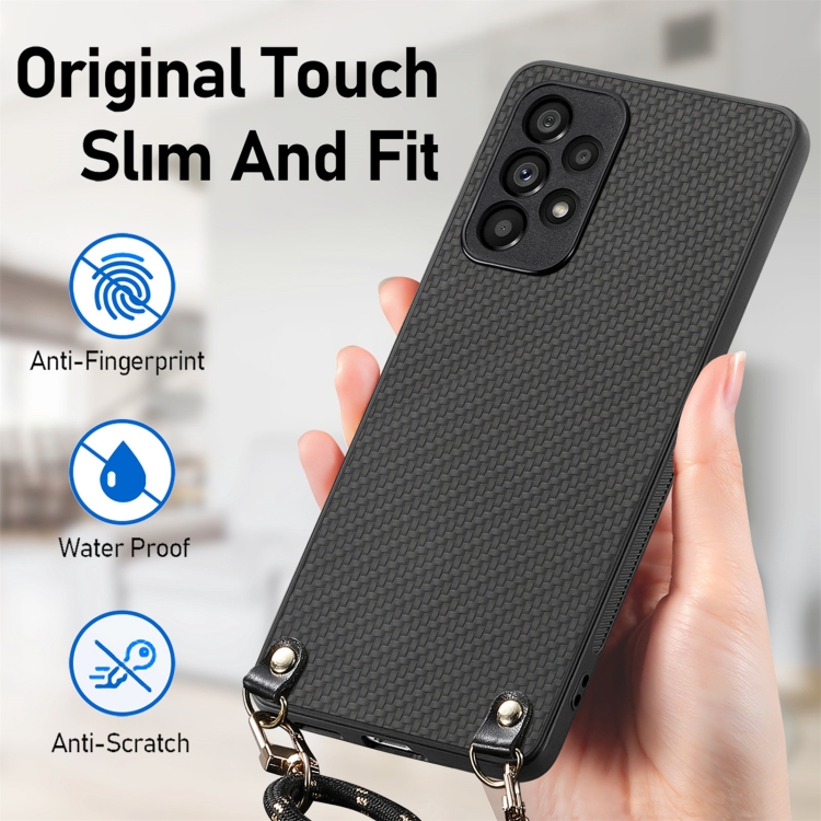 For Samsung Galaxy S23 FE 5G Carbon Fiber Texture Leather Back Cover Phone Case with Crossbody Strap(Black) For Samsung Galaxy S23 FE 5G Carbon Fiber Texture Leather Back Cover Phone Case with Crossbody Strap(Black)