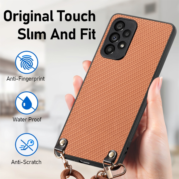 For Samsung Galaxy S23+ 5G Carbon Fiber Texture Leather Back Cover Phone Case with Crossbody Strap(Brown) For Samsung Galaxy S23+ 5G Carbon Fiber Texture Leather Back Cover Phone Case with Crossbody Strap(Brown)