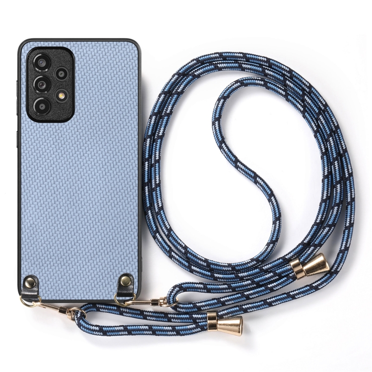 For Samsung Galaxy Note20 Carbon Fiber Texture Leather Back Cover Phone Case with Crossbody Strap(Blue)