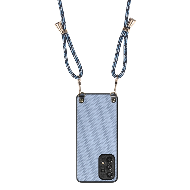 For Samsung Galaxy Note20 Carbon Fiber Texture Leather Back Cover Phone Case with Crossbody Strap(Blue)