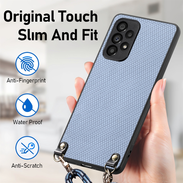 For Samsung Galaxy Note20 Carbon Fiber Texture Leather Back Cover Phone Case with Crossbody Strap(Blue)