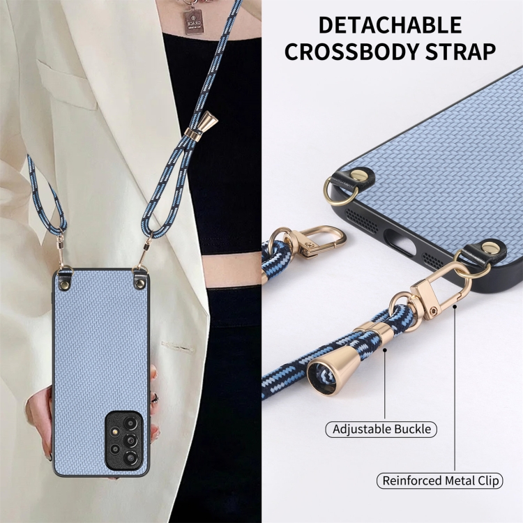 For Samsung Galaxy Note20 Carbon Fiber Texture Leather Back Cover Phone Case with Crossbody Strap(Blue)