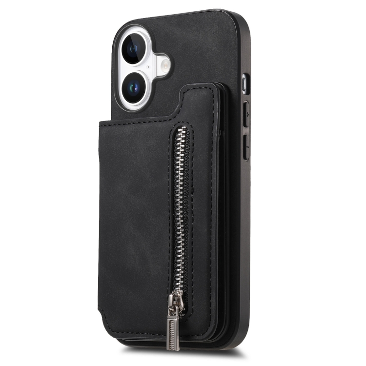 For iPhone 16 Retro MagSafe Zipper Wallet Card Bag Back Phone Case(Black) For iPhone 16 Retro MagSafe Zipper Wallet Card Bag Back Phone Case(Black)