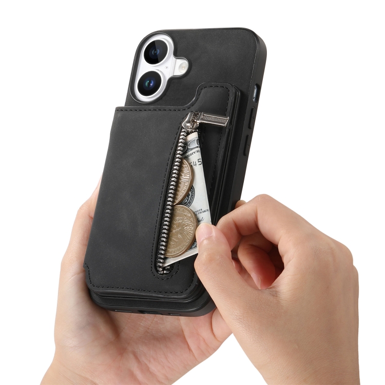 For iPhone 16 Retro MagSafe Zipper Wallet Card Bag Back Phone Case(Black) For iPhone 16 Retro MagSafe Zipper Wallet Card Bag Back Phone Case(Black)