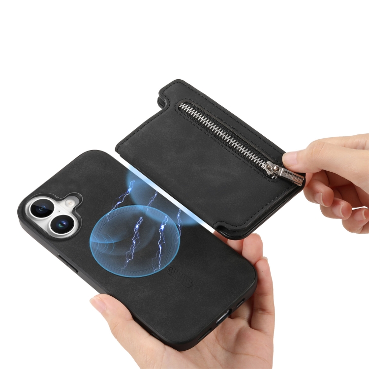 For iPhone 16 Retro MagSafe Zipper Wallet Card Bag Back Phone Case(Black) For iPhone 16 Retro MagSafe Zipper Wallet Card Bag Back Phone Case(Black)