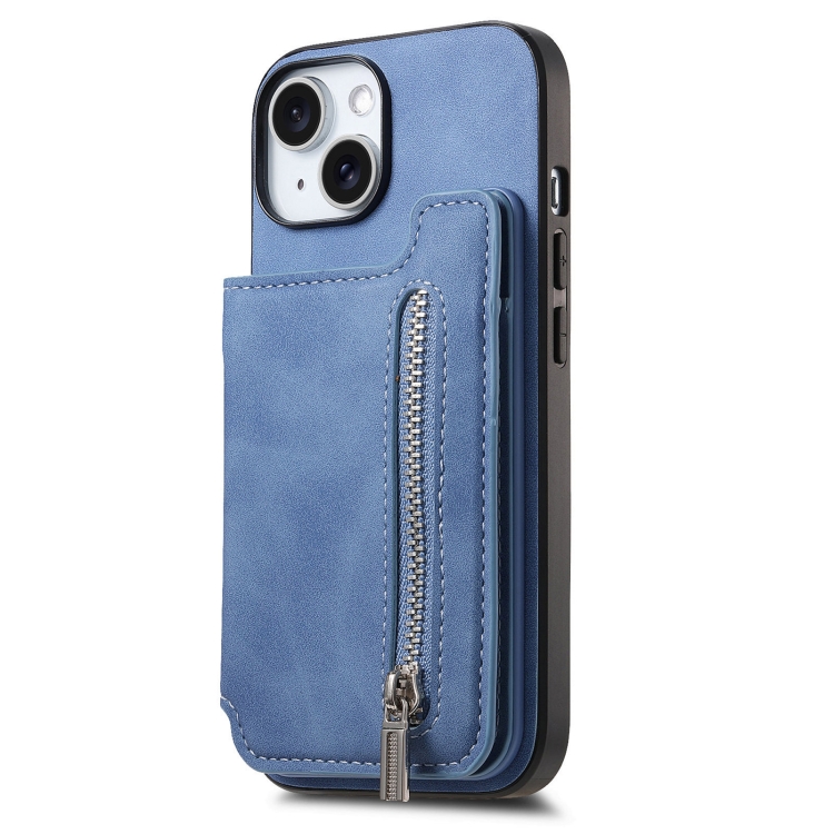 For iPhone 14 Retro MagSafe Zipper Wallet Card Bag Back Phone Case(Blue) - 1