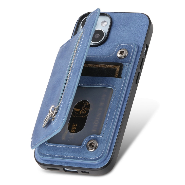 For iPhone 14 Retro MagSafe Zipper Wallet Card Bag Back Phone Case(Blue) - 2