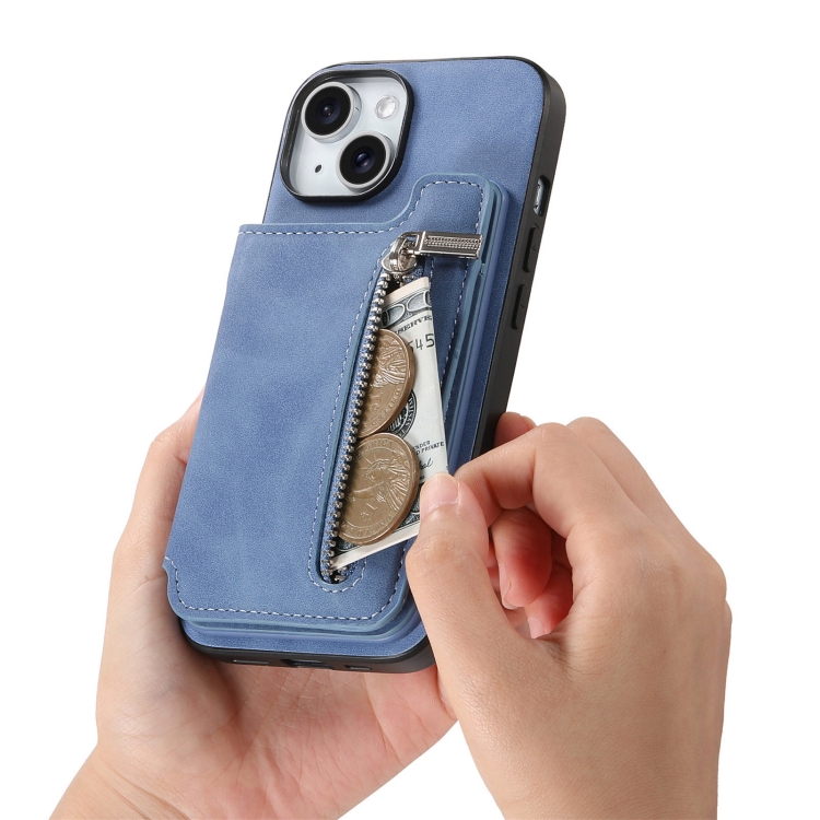 For iPhone 14 Retro MagSafe Zipper Wallet Card Bag Back Phone Case(Blue) - 4