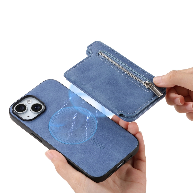 For iPhone 14 Retro MagSafe Zipper Wallet Card Bag Back Phone Case(Blue) - 5