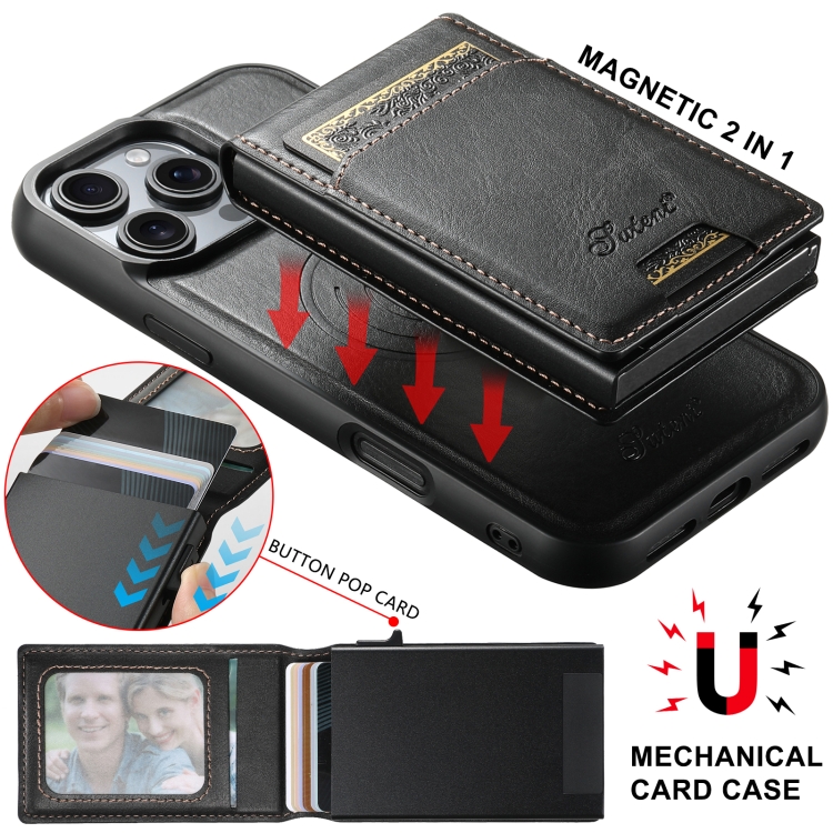 For iPhone 16 Pro Suteni H19 Oil Wax 2-in-1 MagSafe Removable Card Box Back Phone Case(Black) For iPhone 16 Pro Suteni H19 Oil Wax 2-in-1 MagSafe Removable Card Box Back Phone Case(Black)