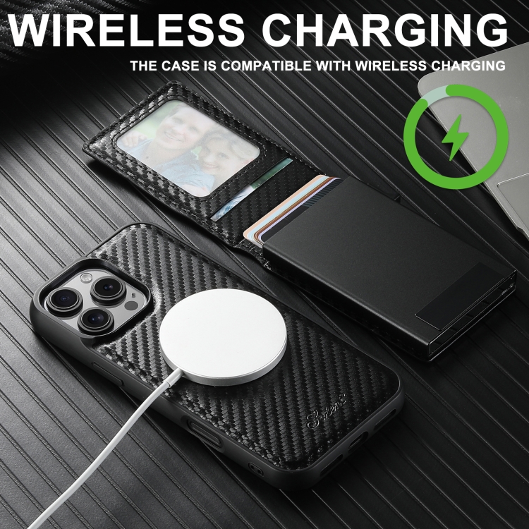 For iPhone 16 Suteni H19 Carbon Fiber Grain 2-in-1 MagSafe Removable Card Box Back Phone Case(Black) For iPhone 16 Suteni H19 Carbon Fiber Grain 2-in-1 MagSafe Removable Card Box Back Phone Case(Black)