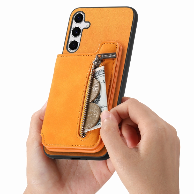 For Samsung Galaxy S24 5G Retro MagSafe Zipper Wallet Card Bag Back Phone Case(Yellow) For Samsung Galaxy S24 5G Retro MagSafe Zipper Wallet Card Bag Back Phone Case(Yellow)