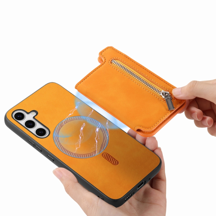 For Samsung Galaxy S24 5G Retro MagSafe Zipper Wallet Card Bag Back Phone Case(Yellow) For Samsung Galaxy S24 5G Retro MagSafe Zipper Wallet Card Bag Back Phone Case(Yellow)