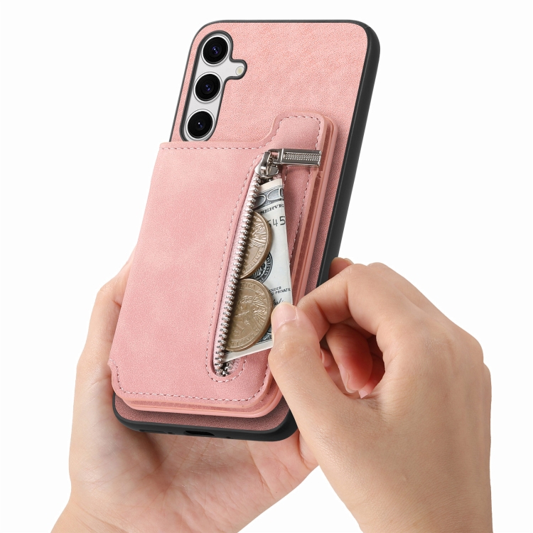 For Samsung Galaxy S25+ 5G Retro MagSafe Zipper Wallet Card Bag Back Phone Case(Pink) For Samsung Galaxy S25+ 5G Retro MagSafe Zipper Wallet Card Bag Back Phone Case(Pink)