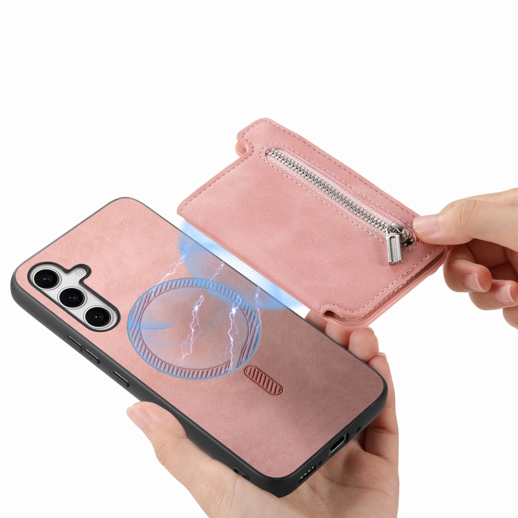 For Samsung Galaxy S25+ 5G Retro MagSafe Zipper Wallet Card Bag Back Phone Case(Pink) For Samsung Galaxy S25+ 5G Retro MagSafe Zipper Wallet Card Bag Back Phone Case(Pink)