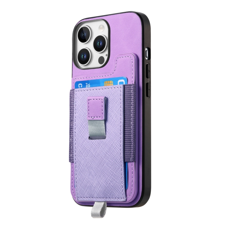For iPhone 16 Pro Retro Magsafe Cross Leather Pull-Out Card Bag Back Phone Case(Purple) For iPhone 16 Pro Retro Magsafe Cross Leather Pull-Out Card Bag Back Phone Case(Purple)