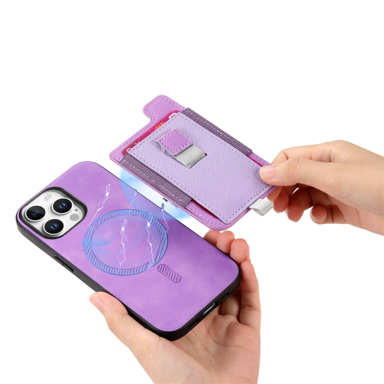 For iPhone 16 Pro Retro Magsafe Cross Leather Pull-Out Card Bag Back Phone Case(Purple) For iPhone 16 Pro Retro Magsafe Cross Leather Pull-Out Card Bag Back Phone Case(Purple)