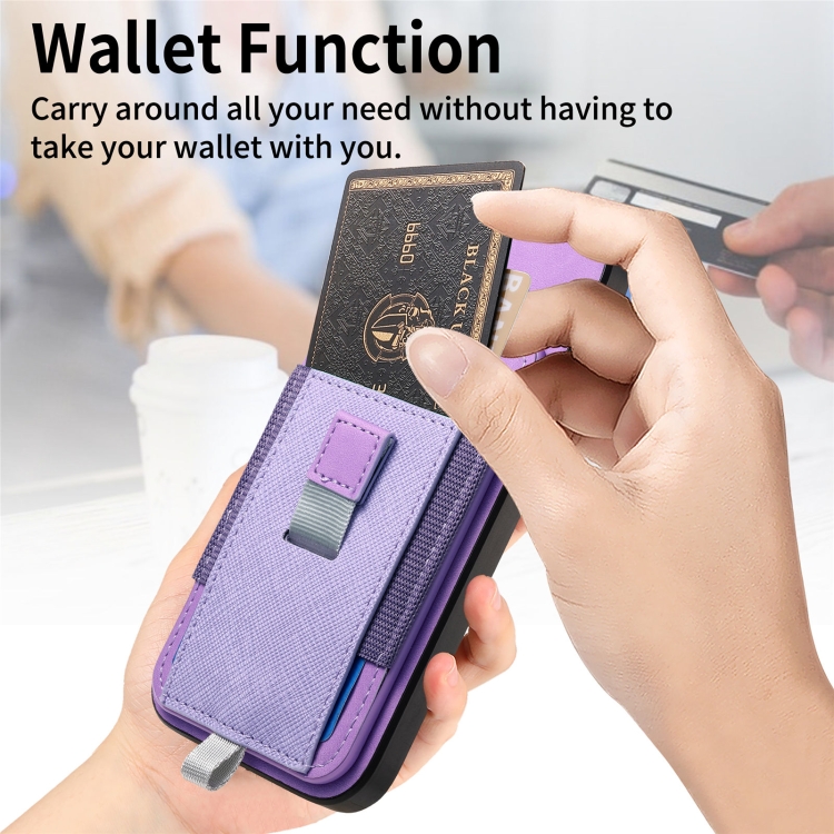 For iPhone 16 Pro Retro Magsafe Cross Leather Pull-Out Card Bag Back Phone Case(Purple) For iPhone 16 Pro Retro Magsafe Cross Leather Pull-Out Card Bag Back Phone Case(Purple)