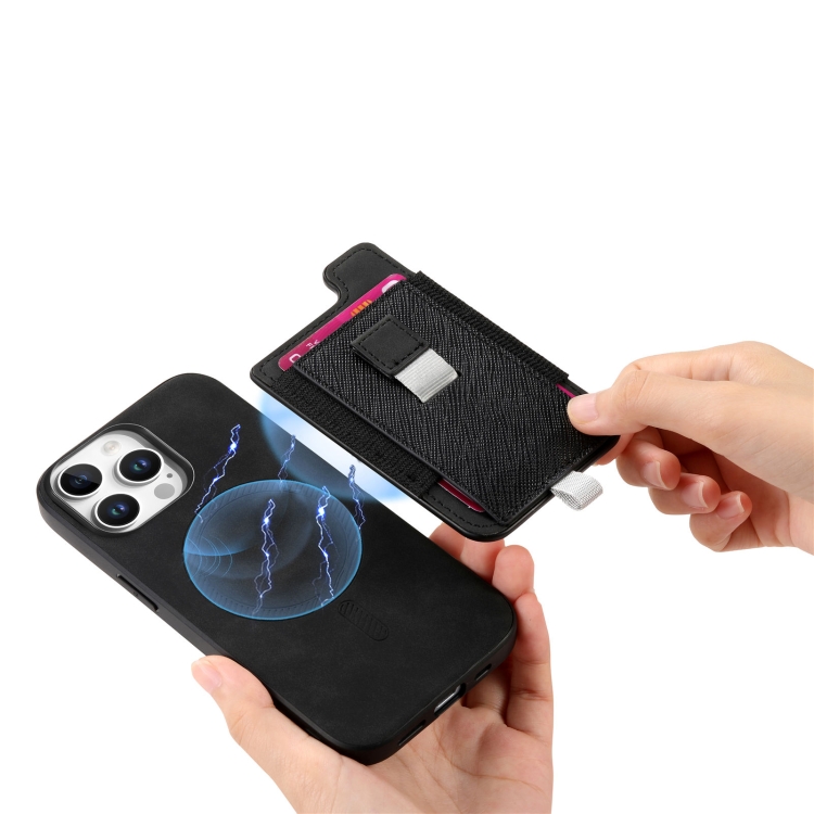 For iPhone 16 Plus Retro Magsafe Cross Leather Pull-Out Card Bag Back Phone Case(Black) For iPhone 16 Plus Retro Magsafe Cross Leather Pull-Out Card Bag Back Phone Case(Black)