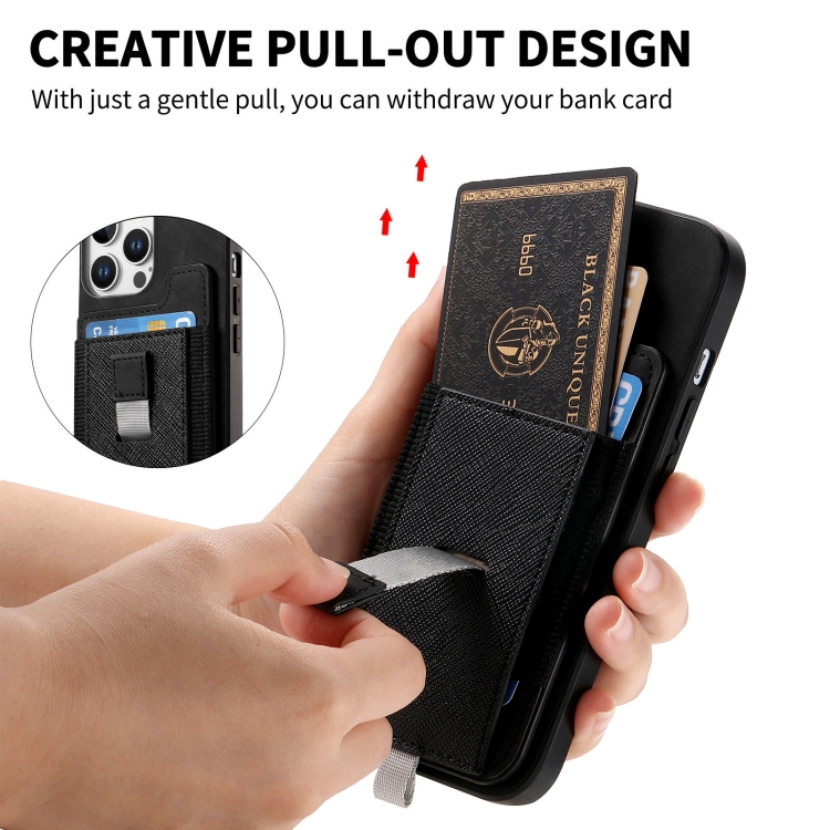 For iPhone 16 Plus Retro Magsafe Cross Leather Pull-Out Card Bag Back Phone Case(Black) For iPhone 16 Plus Retro Magsafe Cross Leather Pull-Out Card Bag Back Phone Case(Black)