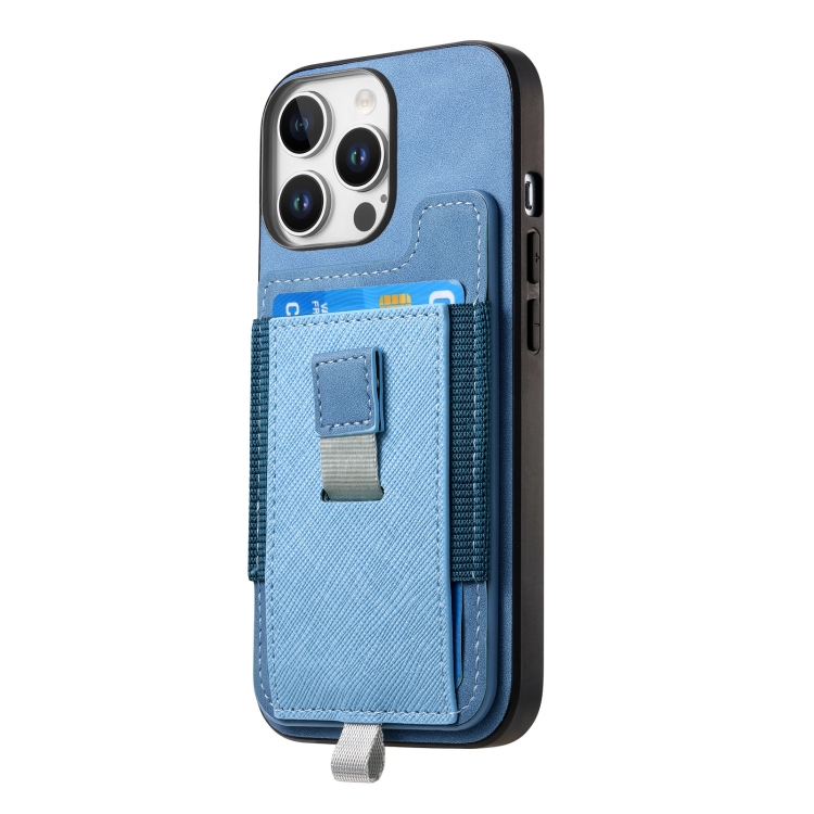 For iPhone 16 Retro Magsafe Cross Leather Pull-Out Card Bag Back Phone Case(Blue) For iPhone 16 Retro Magsafe Cross Leather Pull-Out Card Bag Back Phone Case(Blue)